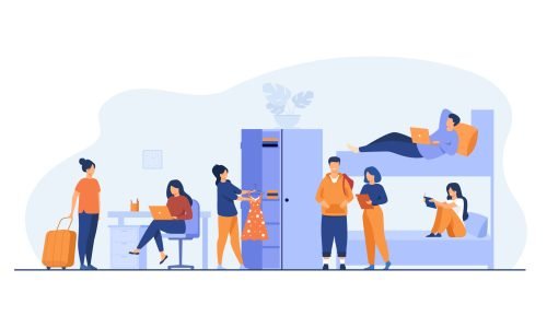 College student dorm interior. Young travelers stopping in hostel. Vector illustration for alternative accommodation, backpackers house, trip concept