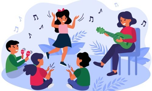 Happy kids having fun during their music class. Teacher and children playing guitar, clapping hands, dancing and singing at daycare preschool. Vector illustration for musical education concept