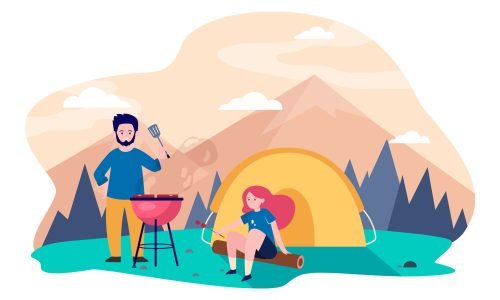 Young couple camping at mountains. Tent, barbeque, nature flat vector illustration. Summer vacation and active leisure concept for banner, website design or landing web page